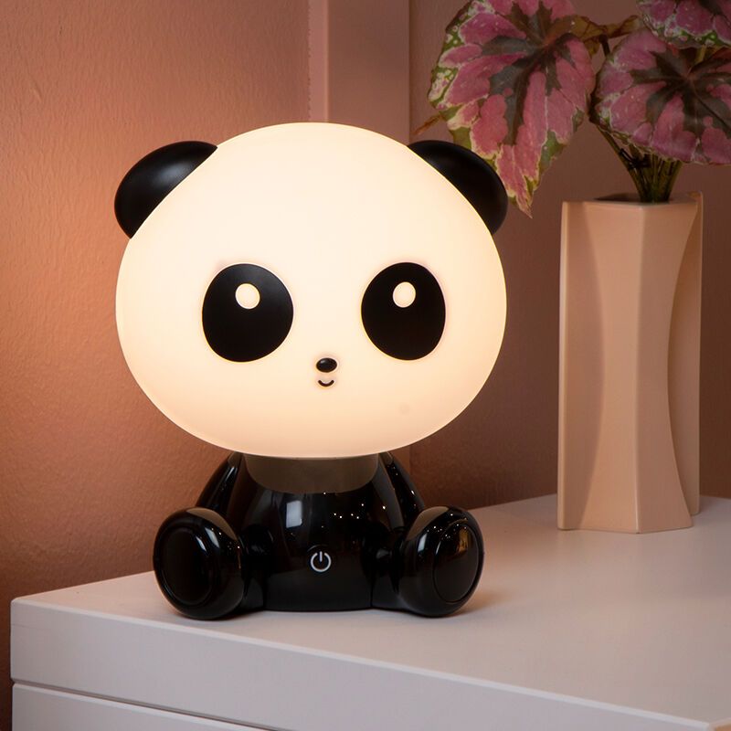 Musta muovi lastenhuoneen pöytävalaisin, Dodo Panda, 3W, 4000K LED, kosketushimmentimellä