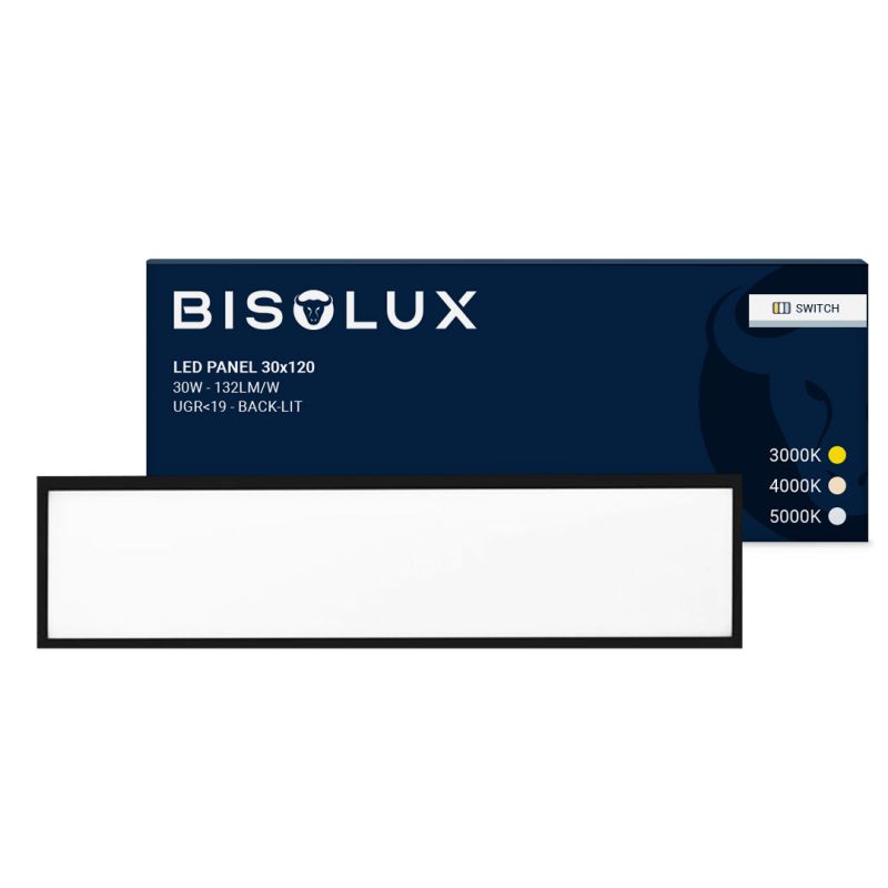 Musta 120x30 cm LED-paneeli - 100 lm/W - UGR<19 - Säädettävä valkoinen - Taustavalaistu