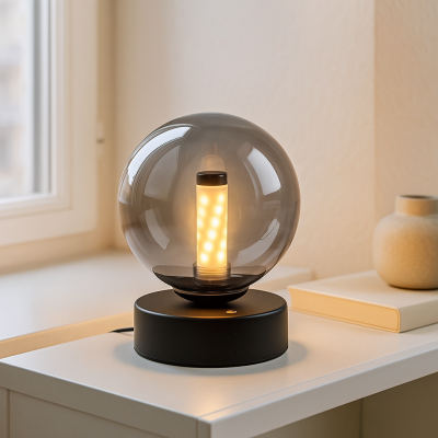 Moderni ladattava pöytävalaisin musta, Theo, 2W, 3000K LED, IP44, 3-portaisesti himmennettävä